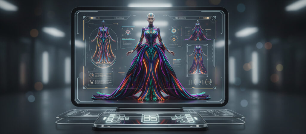 AI-generert mote – Et futuristisk designstudio med en virtuell modell som viser high-fidelity klesdesign – Picnosia.