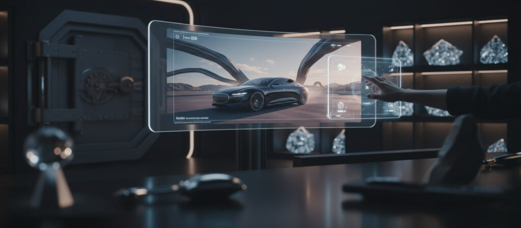 Generación de vídeos IA con Veo - Estudio futurista con pantalla mostrando vídeo IA, controles y ambiente de privacidad - Picnosia.