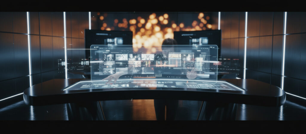 Storyboard video - Interfaccia futuristica che mostra uno storyboard con mani che interagiscono - Picnosia.