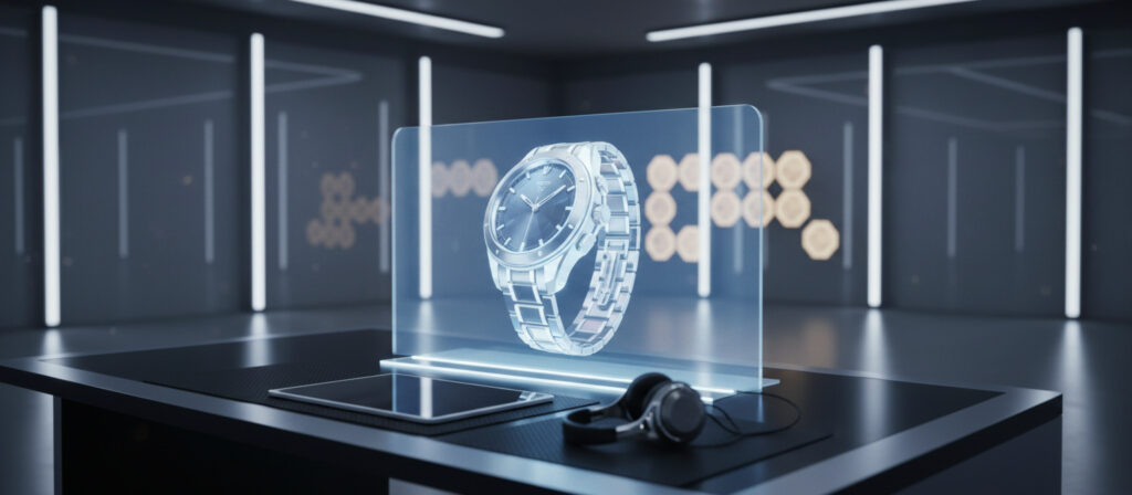 KI-Produktbilder für Luxusmarken - Ein hyperrealistisches Luxusprodukt, generiert in einem futuristischen KI-Studio - Picnosia.