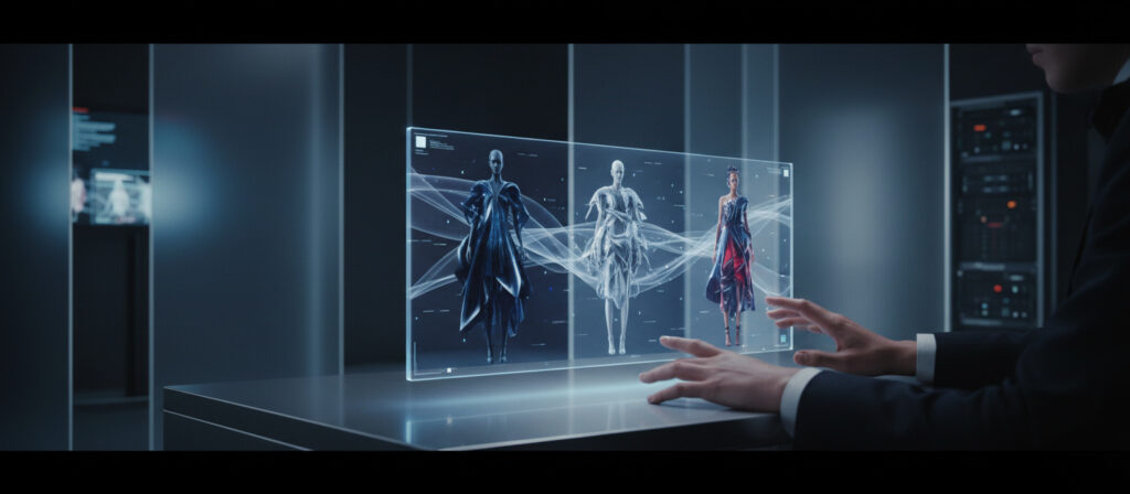 Modefotograf im futuristischen Studio – Erstellung hochauflösender KI-Bilder für Kampagnen auf holografischem Display – Picnosia.